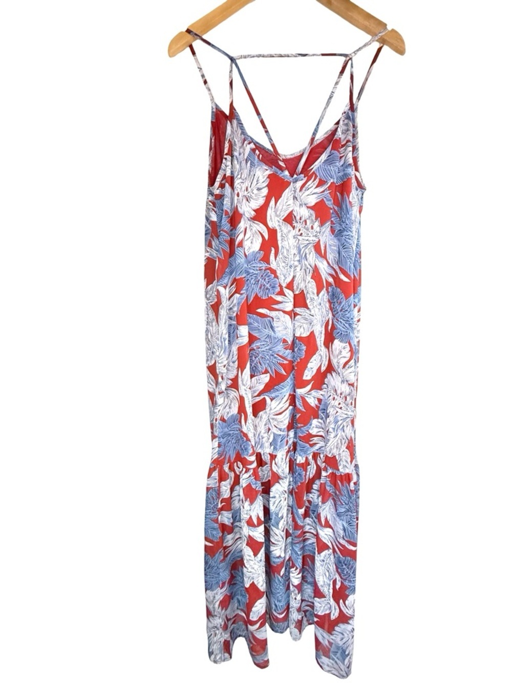 Red Tropical Print Maxi Dress with Blue & White Leaves